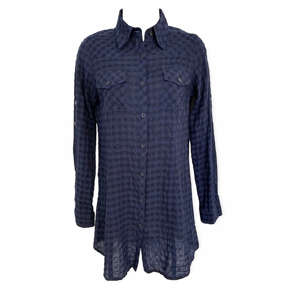 Solemio | NWOT Shirt Dress Tunic Blouse Tie Waist Blue-Black Checkered  S - Picture 6 of 16